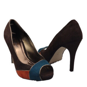 Anne Michelle Flare Brown Multicolored Faux Suede Almond Peep Toe Stiletto Heel